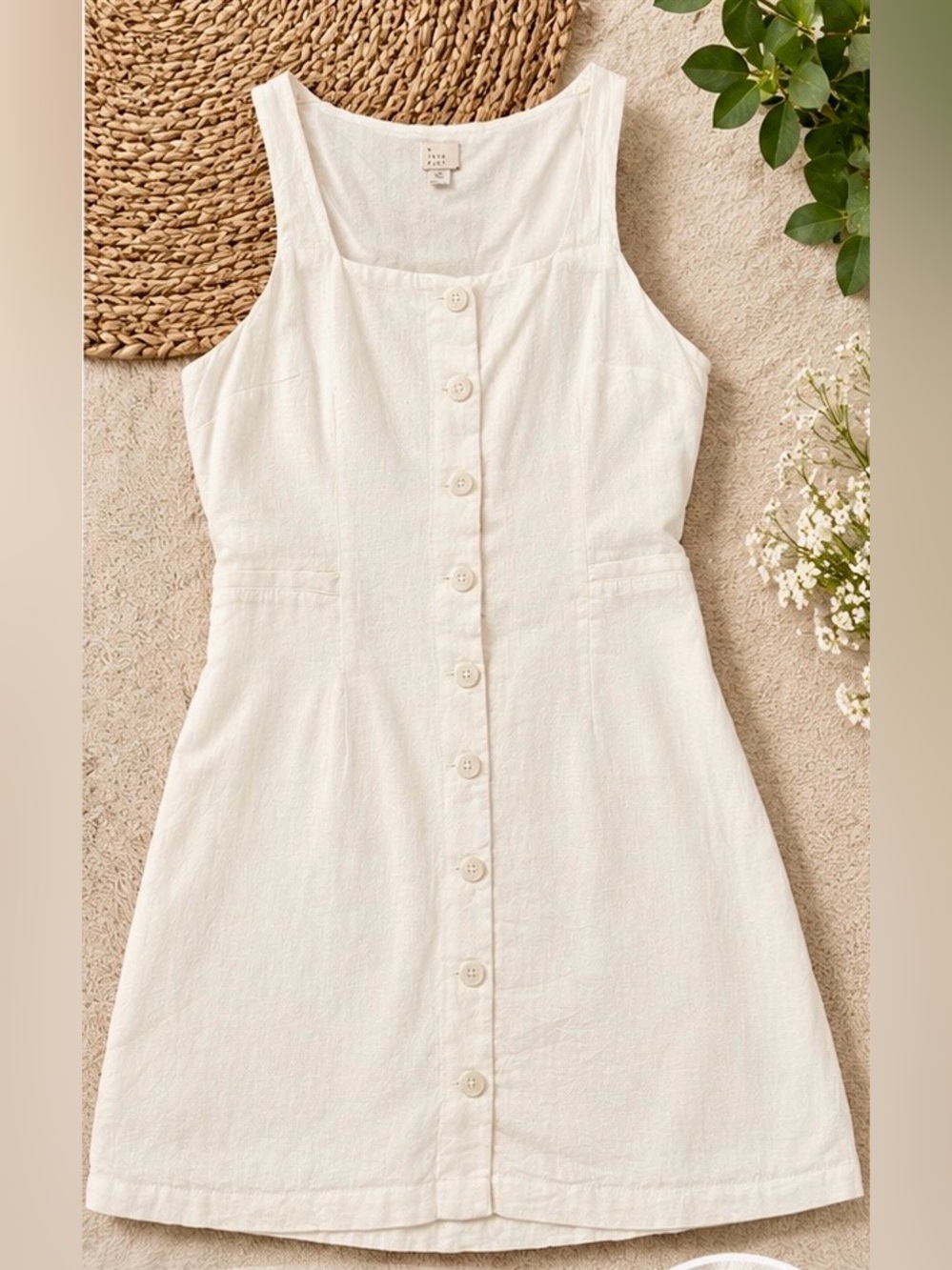 a new day Cream Button-Front Mini Linen Dress